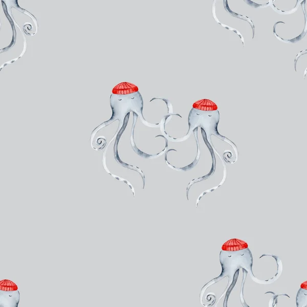 Υδατογραφία Αδιάλειπτη Μοτίβο Στο Θαλάσσιο Θέμα Χαριτωμένα Χταπόδια Κόκκινα Καπέλα — Φωτογραφία Αρχείου