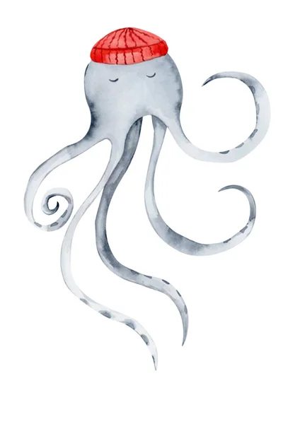 水彩画的一个可爱的章鱼在红色的帽子 隔离为您的业务 打印在T恤 枕头上 高质量的照片 — 图库照片