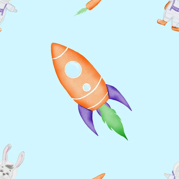 Seamless Pattern Theme Space Cute Pattern Rocket Rabbit Carrots Baby — Stock Photo, Image