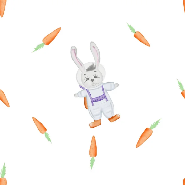 Seamless Pattern Theme Space Cartoon Rabbit Astronaut Carrot Cute Baby — Stock Photo, Image