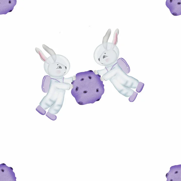 Seamless Pattern Theme Space Cute Rabbits Space Violet Planet Comet — Stock Photo, Image