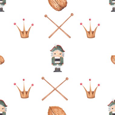 Suluboya desensiz noel fındıkkıranı. Fındıkkıran, but, taç ve cevizli bayram deseni. Masa örtüsü, masa peçetesi, çarşaf, pijama, ambalaj kağıdı için mükemmel desen.