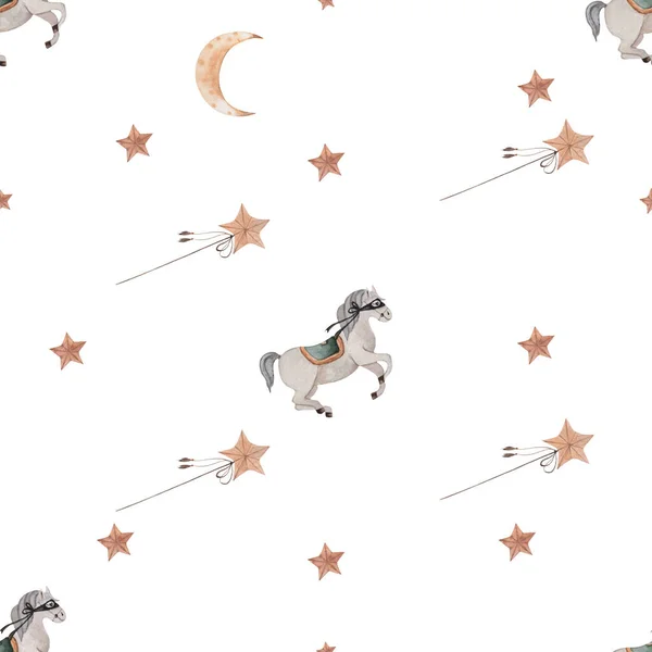 watercolor seamless pattern horses, stars and magic wand and month. beautiful elegant pattern for printing on fabrics, wrapping paper, scrapbooking. High quality illustration