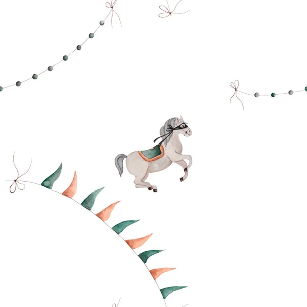 watercolor seamless pattern horses and flags. beautiful elegant pattern for printing on fabrics, wrapping paper, scrapbooking. High quality photo
