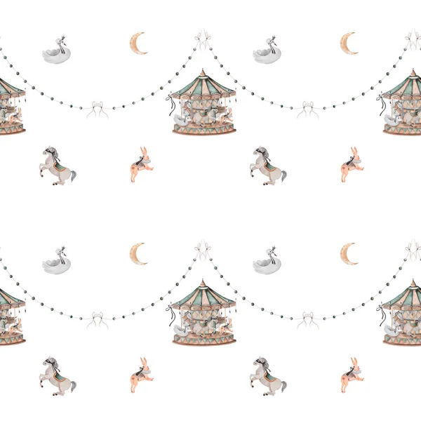 seamless watercolor pattern with vintage animal carousel. beautiful pattern in vintage style with garlands and flags, magic wand, month and stars. for little princesses. for bed linen, interior design