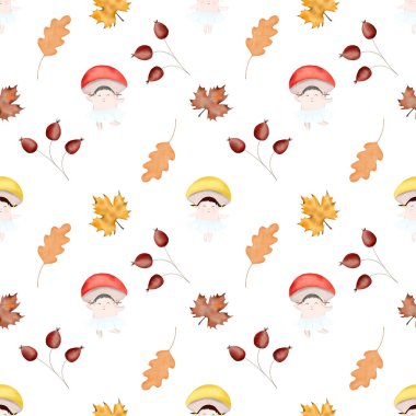 Eğlenceli mantarlı sonbahar şablonu. Bebek tekstil ürünleri, ambalaj kağıtları, koleksiyon defterleri için kusursuz desenler. Yüksek kalite fotoğraf