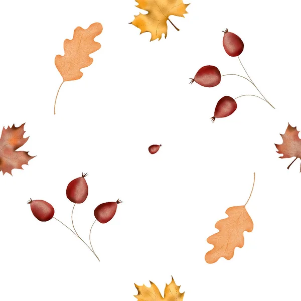 无缝隙的秋天图案 黄叶和玫瑰臀 用于织物印刷的简约图案 高质量的例证 — 图库照片