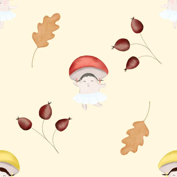 Autumn Pattern Fun Mushrooms Seamless Pattern Baby Textile Wrapping Paper — Stock Photo, Image