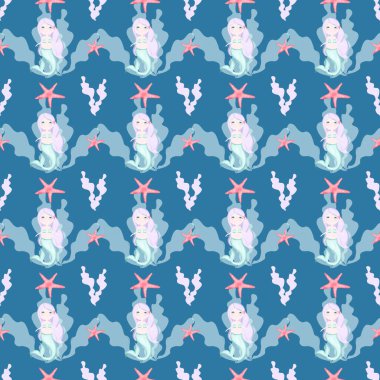 Deniz kızları, yengeçler, yosunlar, inciler ve deniz yıldızlarıyla çocuksu, kusursuz desenler. Kızlar için nazik desenler, tekstil, hatıra defteri, ambalaj kağıdı. Yüksek kalite fotoğraf