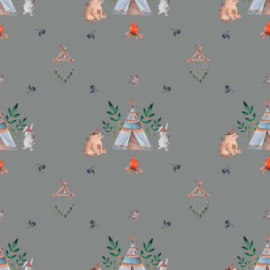 Boho wigwam elementleriyle sulu boya desenli yaban mersinli yaban mersini şenliği ateşi taşıyordu. Çocuk kumaşları ve parmak izleri için. Yüksek kalite fotoğraf. Parlak parlak. Kutular için bebek kıyafetleri için sevimli fotoğraf.