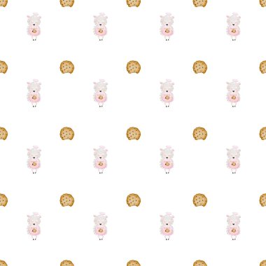 Sevimli kuzular ve pişmiş gıdalarla el yapımı, pürüzsüz bir desen. açık renkli kek, kurabiye ve dut. Bebek tekstil ürünleri, fırın için ambalaj kağıdı, kahve dükkanı, çocuk kafesi, hatıra defteri.