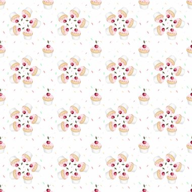 Elle çizilmiş keklerin kusursuz deseni. Kumaş, duvar kâğıdı, kahve dükkanı için ambalaj kağıdı, koleksiyon defteri basmak için lezzetli kekler. Kek kalıbı. Yüksek kalite