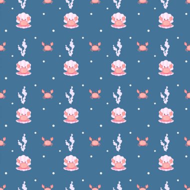 Kusursuz desenli yengeçler ve yosunlar. Bebek tekstili için hoş bir model. Yüksek kaliteli illüstrasyon