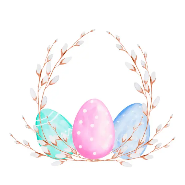 Watercolor Drawing Easter Eggs Willow Branches Tender Fluffy Willow Colorful — Stock Photo, Image