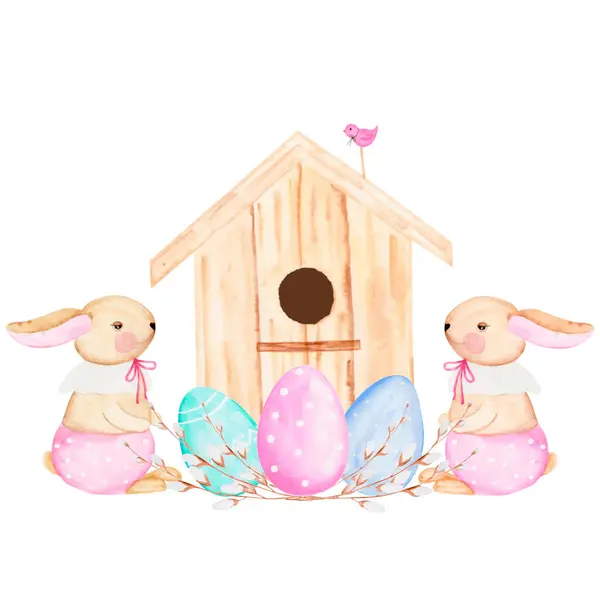 Acuarela Ilustración Casa Conejitos Pascua Huevos Sauce Lindo Aislado Ilustración — Foto de Stock