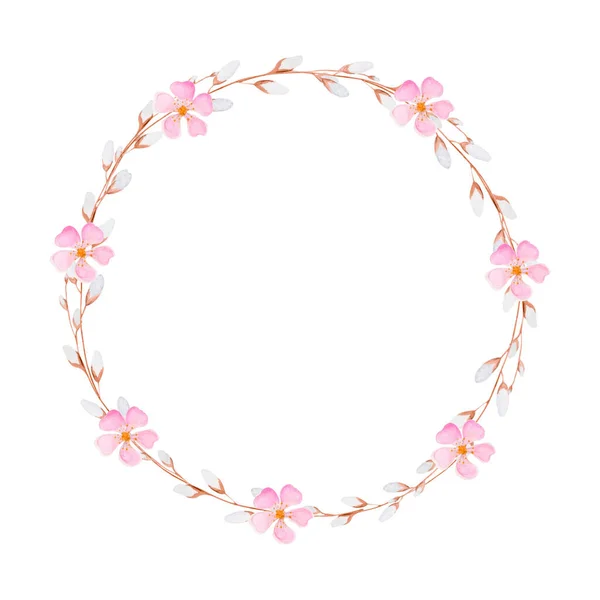 watercolor illustration round flower frame. floral wreath of pink flowers and willow branches with a bow. cute illustration for spring and easter card. delicate wreath of flowers and willow. Heaster