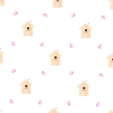 Sulu boya desenli kuş evleri. Tekstil, bebek bezi, pijama, ambalaj kağıdı ve çarşaf basmak için güzel desenli evler. Yüksek kalite fotoğraf