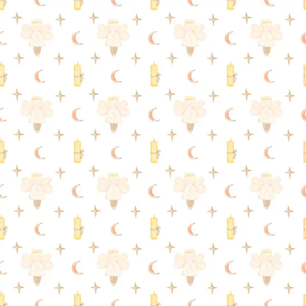 seamless pattern baby baptism. cute pattern with an angel, a candle, a star and a month. A beautiful pattern for decorating a babys christening party. Colorful baptism in stylish style on a white