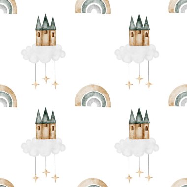 Klasik gökkuşağı ve sihirli şatosu olan kusursuz el yapımı desenler. Çocuk örtüleri, pijama ve çocuk kıyafetleri için ambalaj malzemesi bastırmak için şık bir yöntem. Çizgi film tarzında klasik tek boynuzlu at