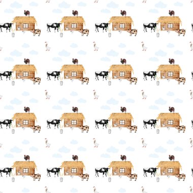 Kırsal bir temadaki kusursuz desen. Ahır ineği domuz horozu. Tekstil, çarşaf, battaniye ve bebek bezi baskısı için çocuk desenleri. Yüksek kaliteli illüstrasyon