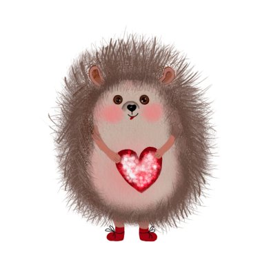 Beyaz arka planda kalbi olan bir kirpinin suluboya resmi. Bebek partisi ve sevgililer günü için kart süslemek için dikenli bir çizgi film hayvanı.