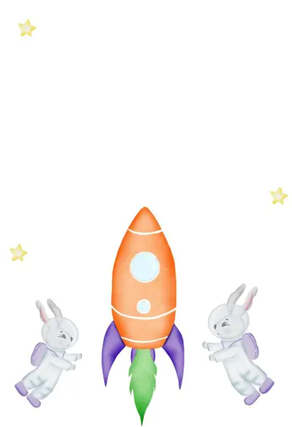 Watercolor postcard template cute bunnies astronauts with rocket carrots. For baby shower and birthday cards in space style