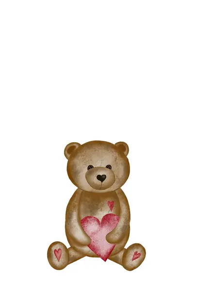 watercolor drawing of a cute bear with a heart. Valentines day card template with cute teddy bear. Holiday card for loved ones.