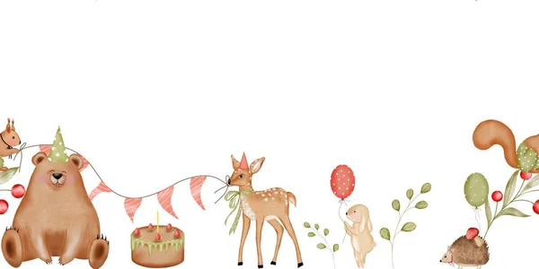 Watercolor illustration isolated seamless border with cute forest animals bear, fawn, squirrel, hare, hedgehog and birthday cake. Birthday theme pattern. Fabric edge. For the design of banners and