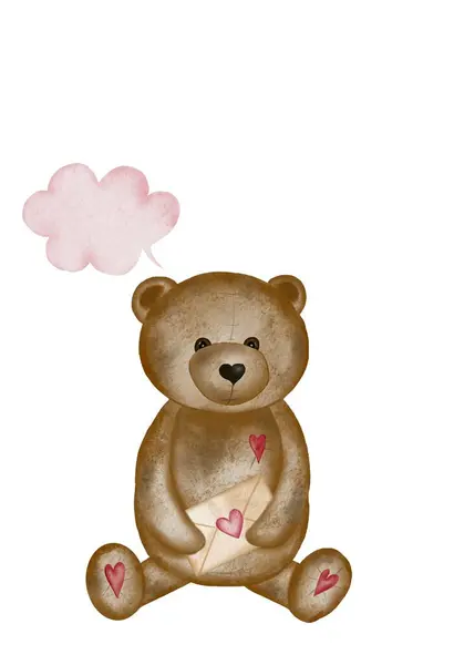 Egy Cuki Medve Akvarell Rajza Szerelmes Levéllel Valentin Napi Kártya — Stock Fotó