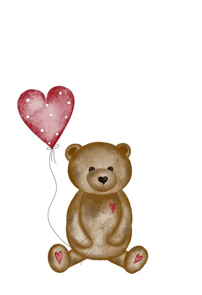 Desenho Aquarela Urso Bonito Com Balão Coração Amor Modelo Cartão — Fotografia de Stock