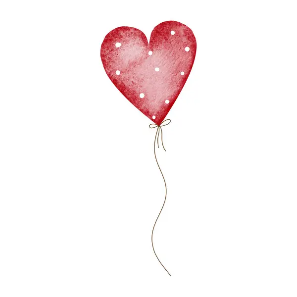 Akvarell Piros Szív Alakú Lufi Egy Szalagon Aranyos Design Valentin — Stock Fotó