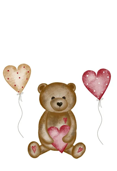 Akvarell Rajz Egy Aranyos Medve Egy Szerelmes Szív Ballonok Valentin — Stock Fotó