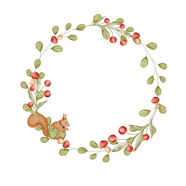 Watercolor drawing round green frame with twigs and berries and a squirrel. Cute wreath with plants and cute animal to decorate cards and invitations for birthdays and baby showers. For printing on
