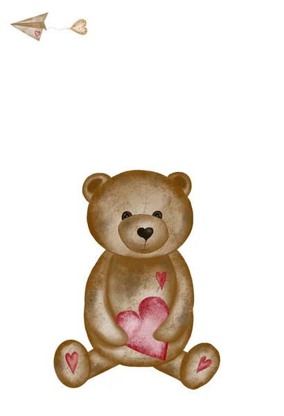 Akvarell Rajz Egy Aranyos Medve Szívvel Valentin Napi Kártya Sablon — Stock Fotó