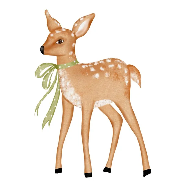 Watercolor Drawing Cute Fawn Green Bow Isolate White Background Pretty — Stock Photo, Image