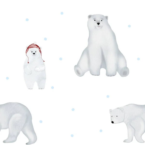 極熊の家族が付いている水彩色の継ぎ目が無いパターン 子供の織物やパジャマに印刷するための冬のかわいいパターン — ストック写真