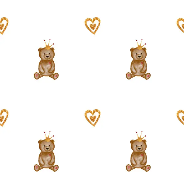 Watercolor pattern vintage cute bear with a gold crown and with hearts. Adoreable illustration of Teddy Bear for printing on childrens textiles and wrapping paper. High quality illustration