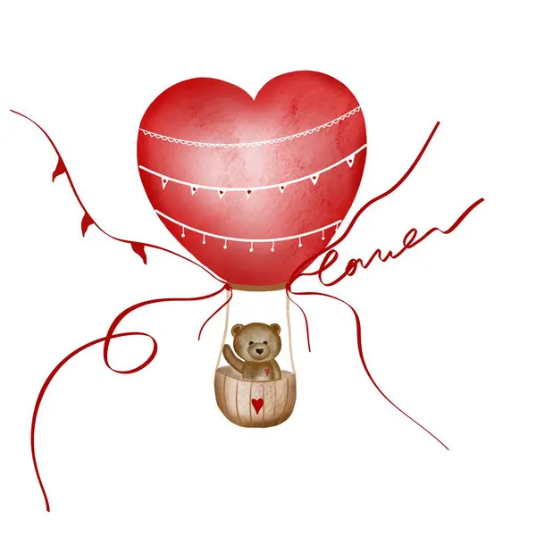 Akvarell Rajz Egy Aranyos Medve Egy Szív Alakú Léggömb Szép — Stock Fotó