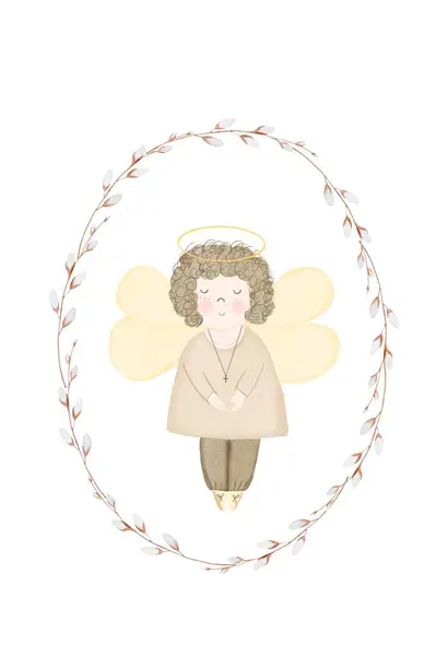 Watercolor card template with a cute angel in a round frame of willow branches. Adorable drawing in pastel colors isolate on a white background. For the design of cards and invitations for babys