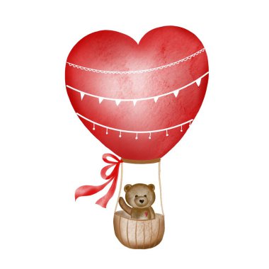 Kalp şeklinde bir hava balonunda tatlı bir ayının suluboya çizimi. Sevgililer günü kartlarına ve davetiyelere yazı yazmak için beyaz arka planda güzel bir izolasyon. Sevgililer günü kartı. Yüksek kaliteli illüstrasyon