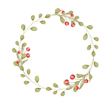 kırmızı böğürtlenli yeşil dallı suluboya çerçeve. Kartlar ve davetiyeler için sevimli bir çelenk. Yüksek kalite fotoğraf