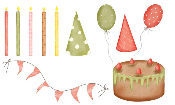 Watercolor set for birthdays and holidays isolate on a white background. Hats and candles, garlands of flags and balloons, and a cake with strawberries. For the design of banners and greeting cards