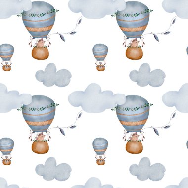 Suluboya desenli bebek sıcak hava balonları pastel renklerde. Bulutlu boho tarzında bir kuşla ayının şirin bir tasviri. Kawaii çocuk tekstil ve çocukları üzerine yazdırmak için kusursuz bir resim