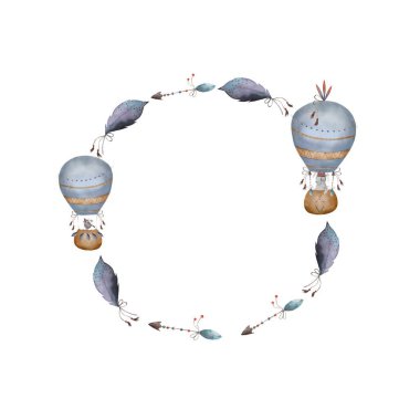 Yuvarlak suluboya çerçeve, boho hava balonları, mavi tüyler ve Hint okları. .Çocuk kartları ve bebek partisi tasarımları için karikatür stili ve pastel renkli el çizimi şirin bir illüstrasyon
