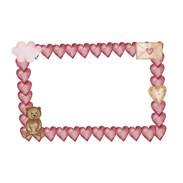 Watercolor frame for Valentines day with a bear, a letter with love hearts. A wreath of cute pictures for decorating cards and invitations.
