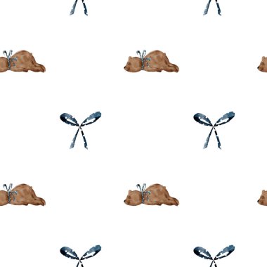 Mavi kurdeleli, yalancı, sevimli bir ayıyla sulu boya deseni. Çocuk tekstili ve ambalaj kağıdı basmak için beyaz arka planda pofuduk bir oyuncağın Kawaii illüstrasyonu. Yüksek