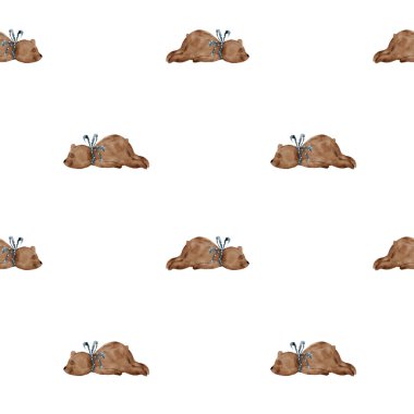 Beyaz arka planda dikişsiz suluboya desenli, klasik tarzda şirin bir ayı. Yerde benekli mavi fiyonklu bir kawaii hayvanı yatıyor. Bebeğe yazdırmak için geçmişe dönük komik desen