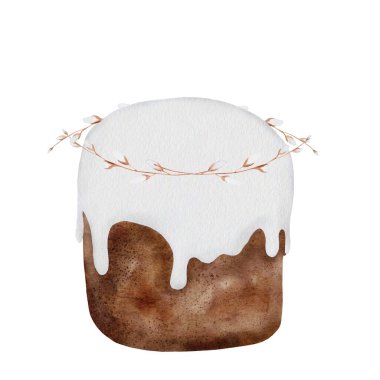 Beyaz arka planda Paskalya Kulich suluboya klipsi sanatı. Söğüt dallarından yapılmış çelenkli geleneksel Hıristiyan pastası. İsa 'nın dirilişi için şenlikli kek. Yüce İsa kutlaması. Yüksek