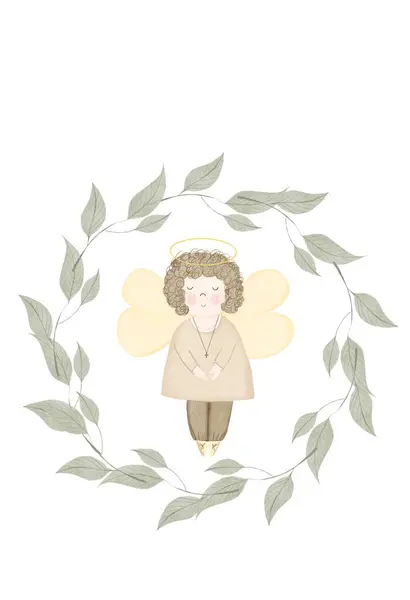Angel framed by branches. Watercolor card template with cute boy with wings. Round wreath of green branches with leaves. Clip art on a white background for the design of cards for babys baptism