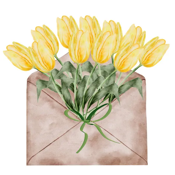 수채화 봉투에 노란색 꽃입니다 고립된 배경에 그림입니다 어머니의 여성에 인사말 — 스톡 사진